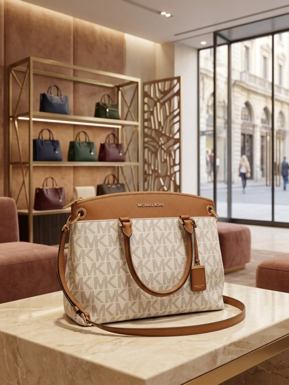 Michael Kors Cream Signature Satchel with Tan Trim